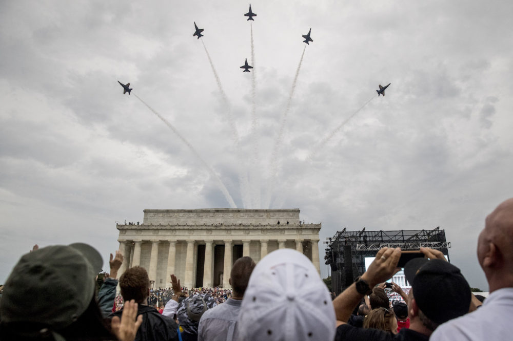 Navy Blue Angels fly over at the conclusion of President Donald Trumps Independence Day celebration in front of the Lincoln Memorial, Thursday, July 4, 2019, in Washington. (Andrew Harnik/AP)