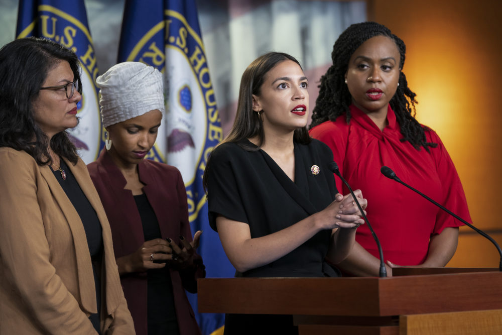 From left, Rep. Rashida Tlaib, D-Mich., Rep. Ilhan Omar, D-Minn., Rep. Alexandria Ocasio-Cortez, D-N.Y., and Rep. Ayanna Pressley, D-Mass., respond to remarks by President Donald Trump after his call for the four Democratic congresswomen to go back to their &quot;broken&quot; countries. (J. Scott Applewhite/AP)