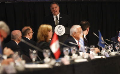 U.S. Secretary of State Mike Pompeo talks during the international counterterrorism conference in Buenos Aires, Argentina, Friday, July 19, 2019. (Natacha Pisarenko/AP)