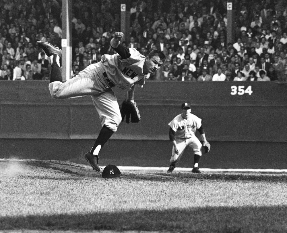 Yankee pitcher Jim Bouton loses his cap pitching against the Cardinals in game 3 of the World Series at Yankee Stadium in New York on Oct. 10, 1964. (AP)