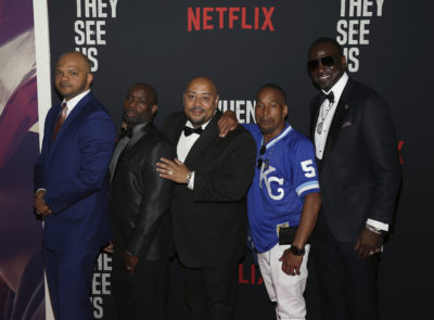 Central Park 5 Kevin Richardson left, Anthony McCray, Raymond Santana, Korey Wise and Yuseef Salaam attend the world premiere of &quot;When They See Us&quot; at the Apollo Theater on Monday, May 20, 2019, in New York. (Donald Traill/Invision/AP)
