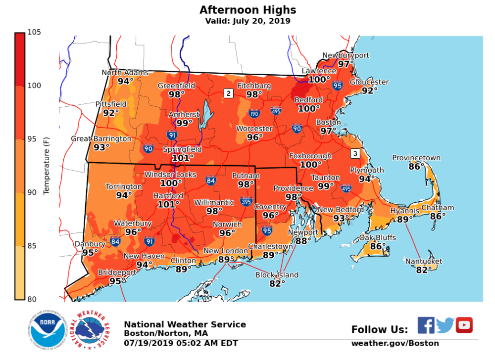 The afternoon high temperatures for Saturday (Courtesy of the National Weather Service)