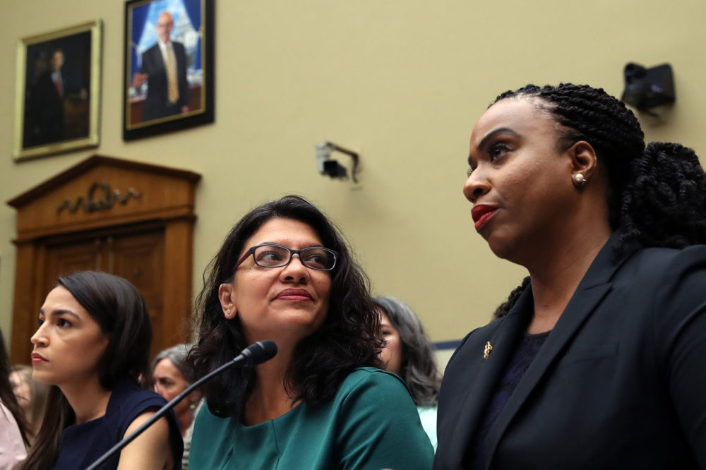 (Left to right) U.S. Rep. Alexandria Ocasio-Cortez, D-N.Y., Rep. Rashida Tlaib, D-Minn., and Rep. Ayanna S. Pressley, D-Mass., attend a House Oversight and Reform Committee hearing on &quot;The Trump Administration's Child Separation Policy: Substantiated Allegations of Mistreatment,&quot; July 12, 2019. (Win McNamee/Getty Images)