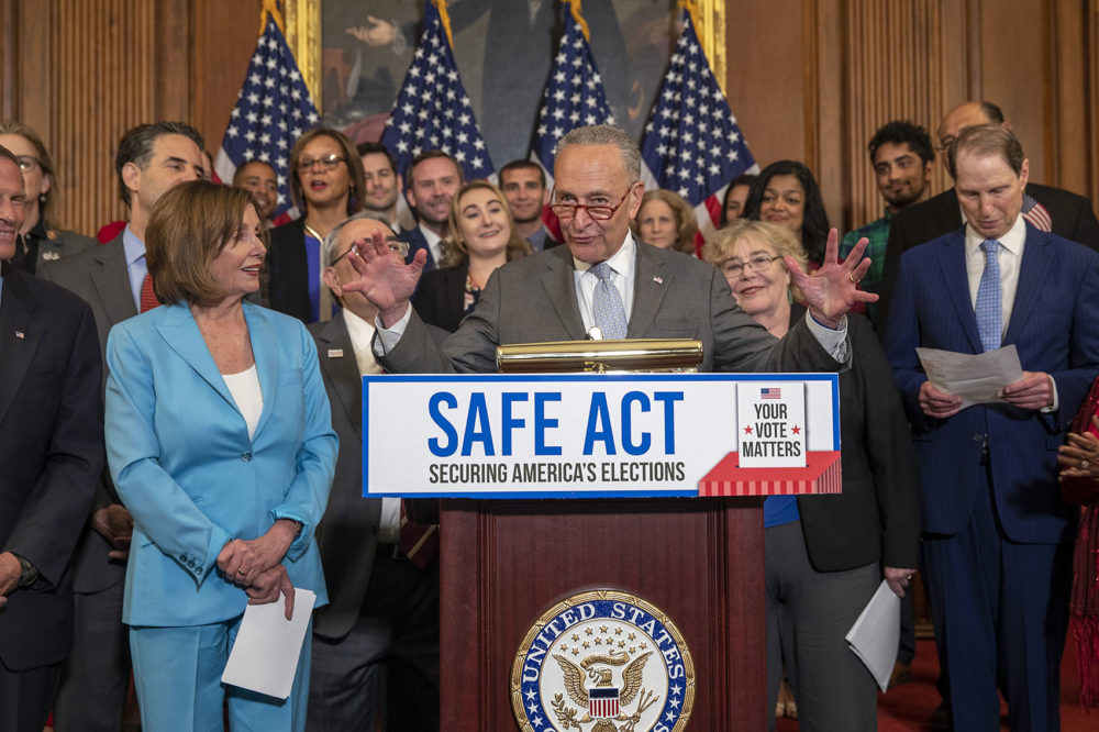 U.S. Senate Minority Leader Chuck Schumer, D-N.Y., speaks alongside Speaker of the House Nancy Pelosi, D-Calif., at a press conference on passing the America's Elections Act on June 26, 2019 in Washington, D.C. (Tasos Katopodis/Getty Images)