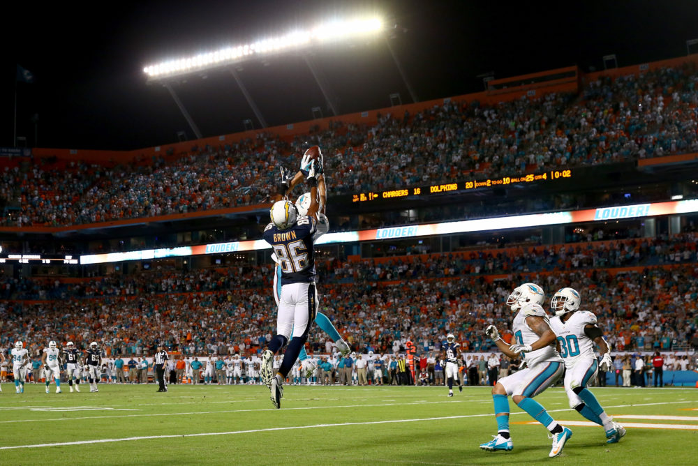 A Hail Mary at the end of a 2013 game between the San Diego Chargers and Miami Dolphins. (Streeter Lecka/Getty Images)