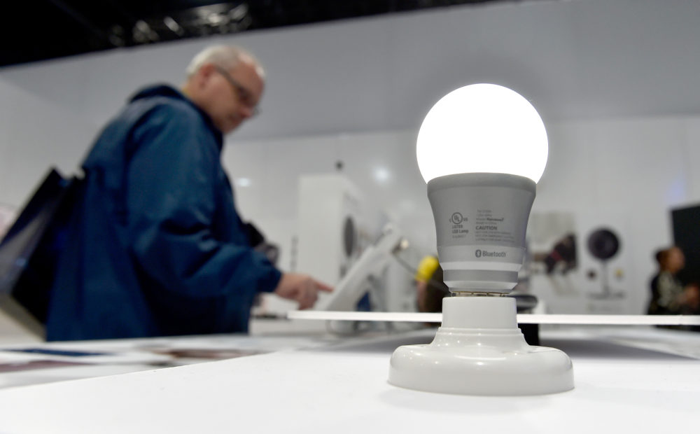 A Rainbow7 Bluetooth smart-enabled lightbulb is illuminated at CES 2016 at the Las Vegas Convention Center on January 6, 2016 in Las Vegas. (David Becker/Getty Images)