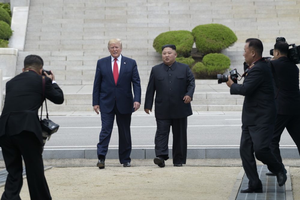 President Donald Trump meets with North Korean leader Kim Jong Un at the border village of Panmunjom in the Demilitarized Zone, South Korea, Sunday, June 30, 2019. (Susan Walsh/AP)