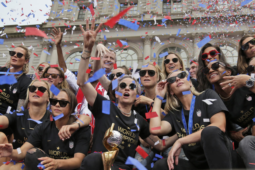 The U.S. women's soccer team celebrates at City Hall after a ticker tape parade, Wednesday, July 10, 2019 in New York. The U.S. national team beat the Netherlands 2-0 to capture a record fourth Women's World Cup title. (Seth Wenig/AP)