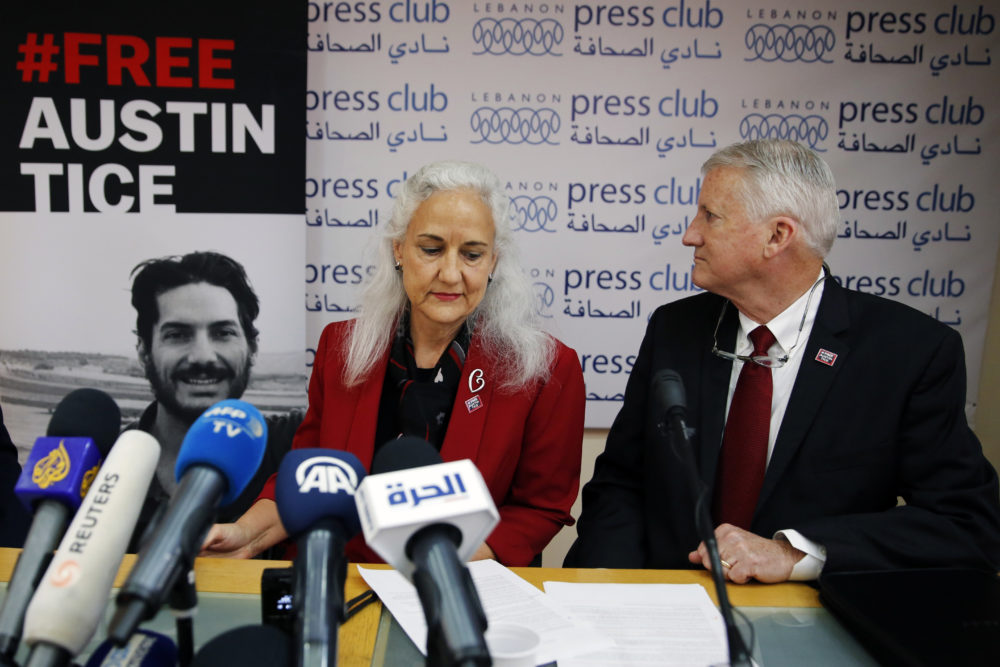Marc and Debra Tice, the parents of Austin Tice, speak during a press conference at the Press Club, in Beirut, Lebanon, Tuesday, Dec. 4, 2018. (Bilal Hussein/AP)