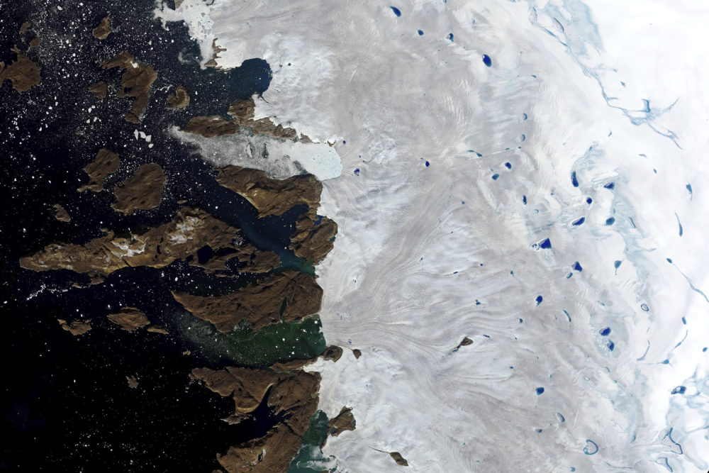 This July 30, 2019, natural-color image made with the Operational Land Imager (OLI) on the Landsat 8 satellite shows meltwater ponding on the surface of the ice sheet in northwest Greenland near the sheet’s edge. (NASA via AP)