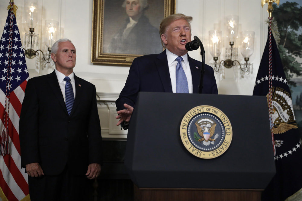 President Donald Trump speaks about the mass shootings in El Paso, Texas and Dayton, Ohio, in the Diplomatic Reception Room of the White House, Aug. 5, 2019, in Washington. (Evan Vucci/AP)