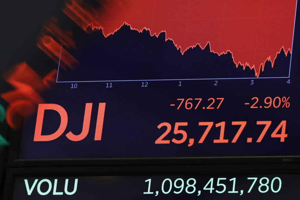 A screen above the floor of the New York Stock Exchange shows the closing number for the Dow Jones industrial average, Monday, Aug. 5, 2019. (Richard Drew/AP)