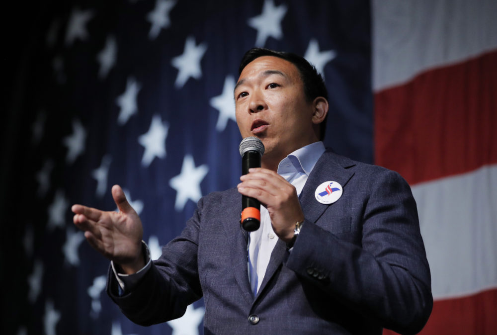 Democratic presidential candidate Andrew Yang speaks at the Iowa Democratic Wing Ding at the Surf Ballroom, Friday, Aug. 9, 2019, in Clear Lake, Iowa. (AP Photo/John Locher)