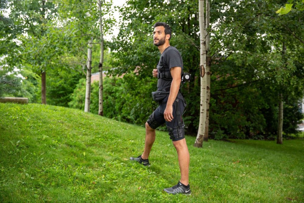 The &quot;exosuit&quot; weighs 11 pounds and can assist both walking and running motions. (Courtesy Wyss Institute at Harvard University)