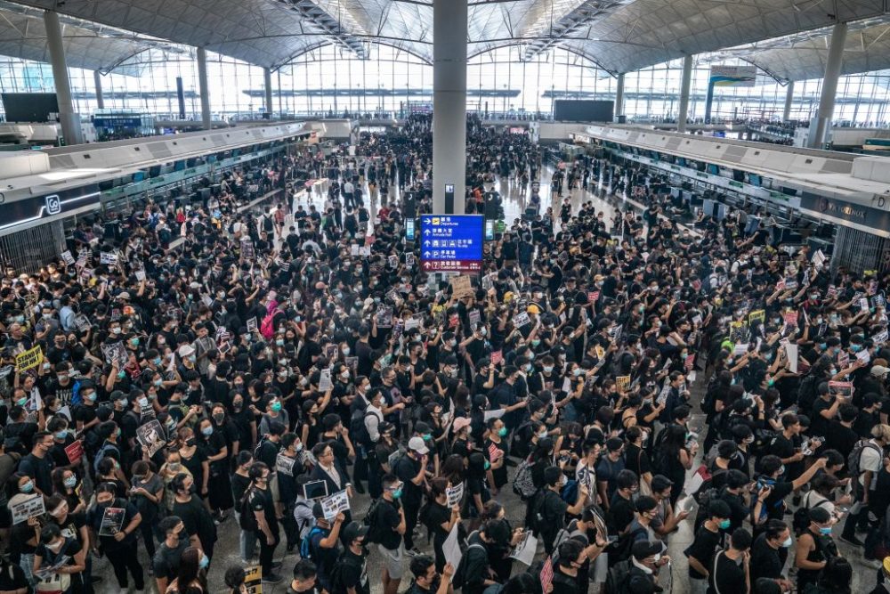 Protesters occupy the departure hall of the Hong Kong International Airport during a demonstration on August 12, 2019 in Hong Kong, China. (Anthony Kwan/Getty Images)