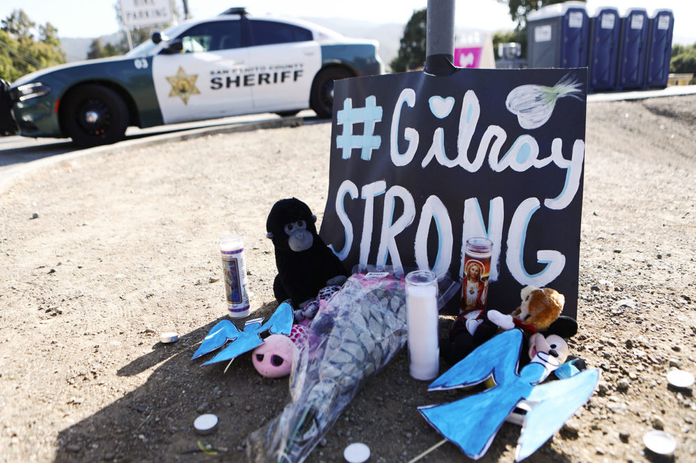 A makeshift memorial is seen outside the site of the Gilroy Garlic Festival, after a mass shooting took place at the event on July 29, 2019 in Gilroy, Calif. Three victims were killed, two of them children, and at least a dozen were wounded before police officers killed the suspect. (Mario Tama/Getty Images)