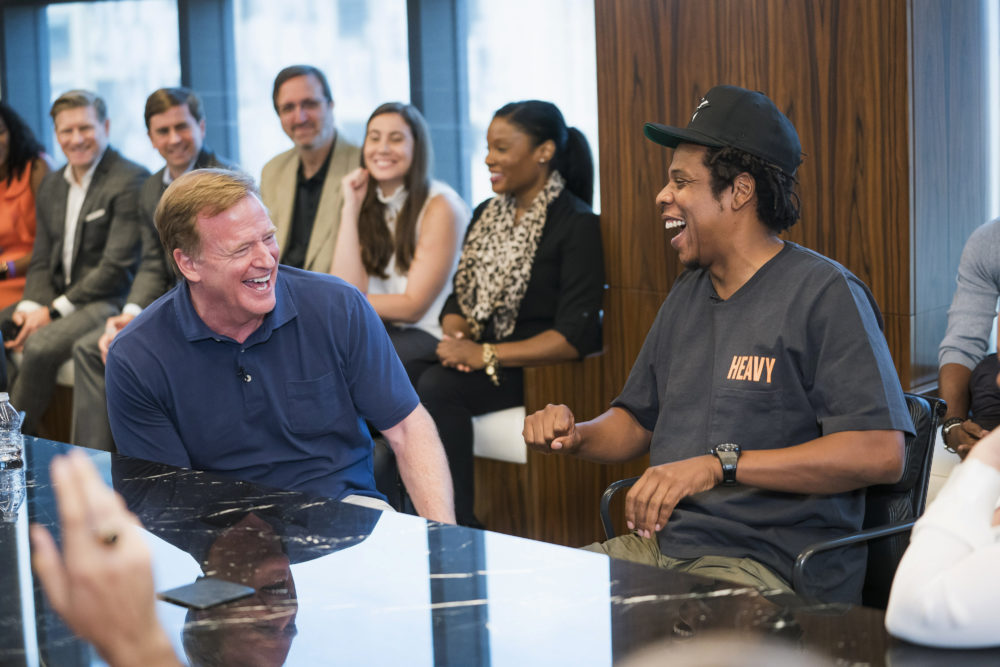NFL Commissioner Roger Goodell and Jay-Z appear at a Wednesday news conference, after Jay-Z announced that he was partnering with the NFL. (Ben Hider/AP Images for NFL)