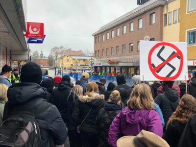 Protesters gather in Ludvika, Sweden in May 2018 to voice their opposition to the Nordic Resistance Movement, a neo-Nazi political group. (Courtesy)