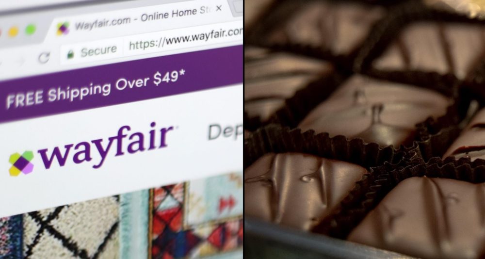 Home goods that cost $2,500 or less, whether bought in-store or online from a vendor like Boston-based Wayfair, are tax-free during the holiday. Cannabis products, such as the CBD truffles sold by Heavenly Chocolate in Northampton, remain subject to the normal, 6.25% levy. (Wayfair photo by Jenny Kane/AP; Truffle photo by Robin Lubbock/WBUR)