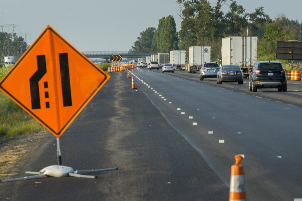 A highway merge sign nudges traffic to the right while paving work is underway in Oregon. (Courtesy Oregon Department of Transportation)