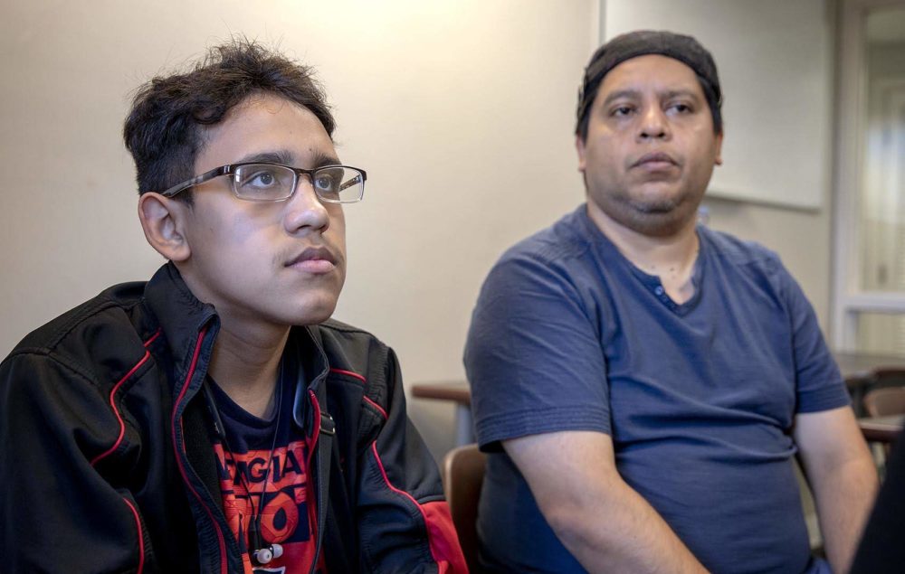 Jonathan Sanchez, a cystic fibrosis patient at Boston Children's Hospital, and his father Gary. The Sanchez family entered the U.S. in 2016 on tourist visas. (Robin Lubbock/WBUR)