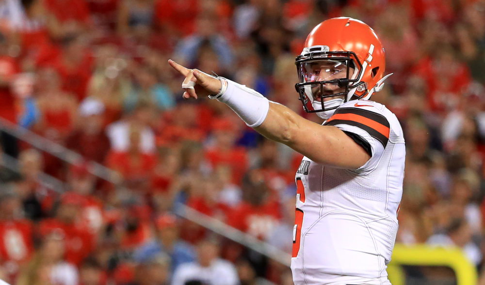 Baker Mayfield of the Cleveland Browns calls a play during a preseason game against the Tampa Bay Buccaneers. (Mike Ehrmann/Getty Images)