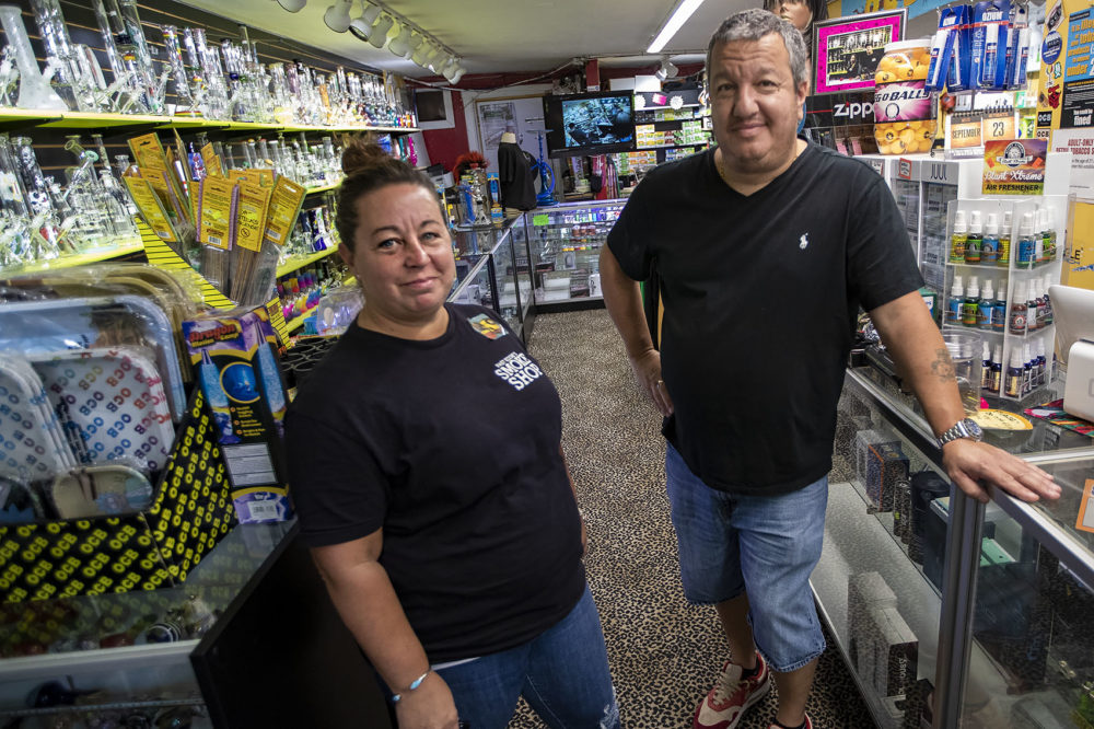 Fast Eddie's Smoke Shop manager Cathy McCarthy and owner Richard Lamoretti. (Jesse Costa/WBUR)