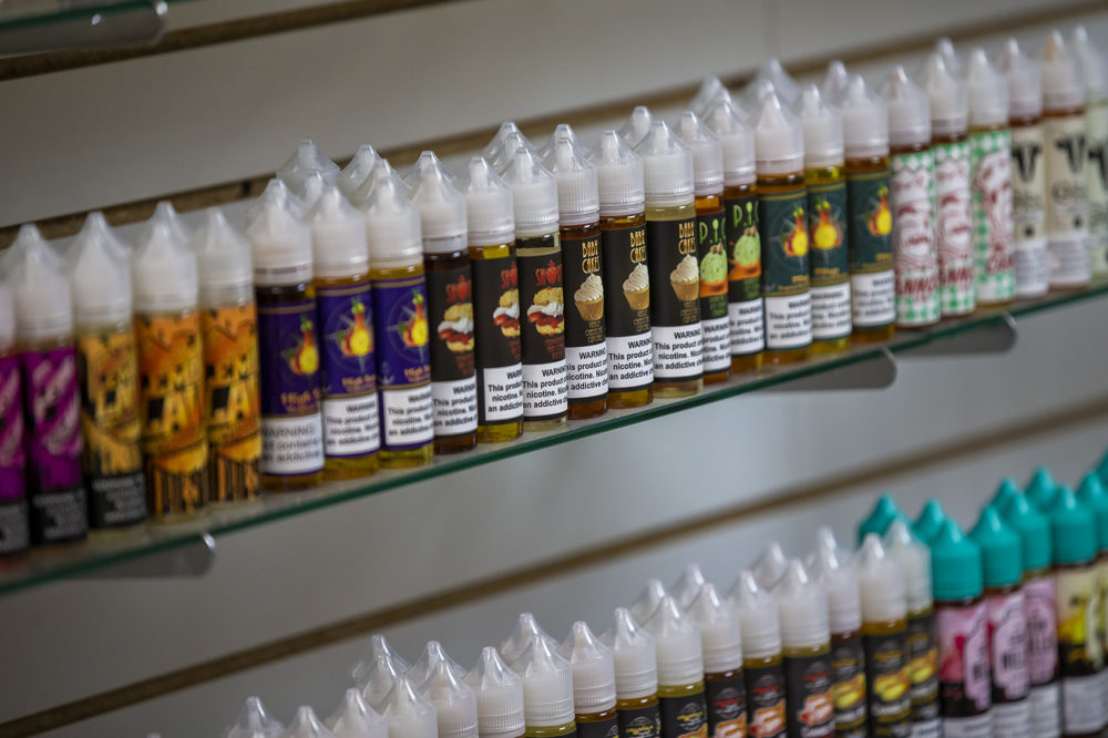 Various vaping juices inside a Massachusetts vape shop. (Jesse Costa/WBUR)