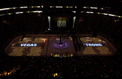 The Las Vegas Golden Knights honored first responders and victims of the shooting at their inaugural home opener. (Ethan Miller/Getty Images)