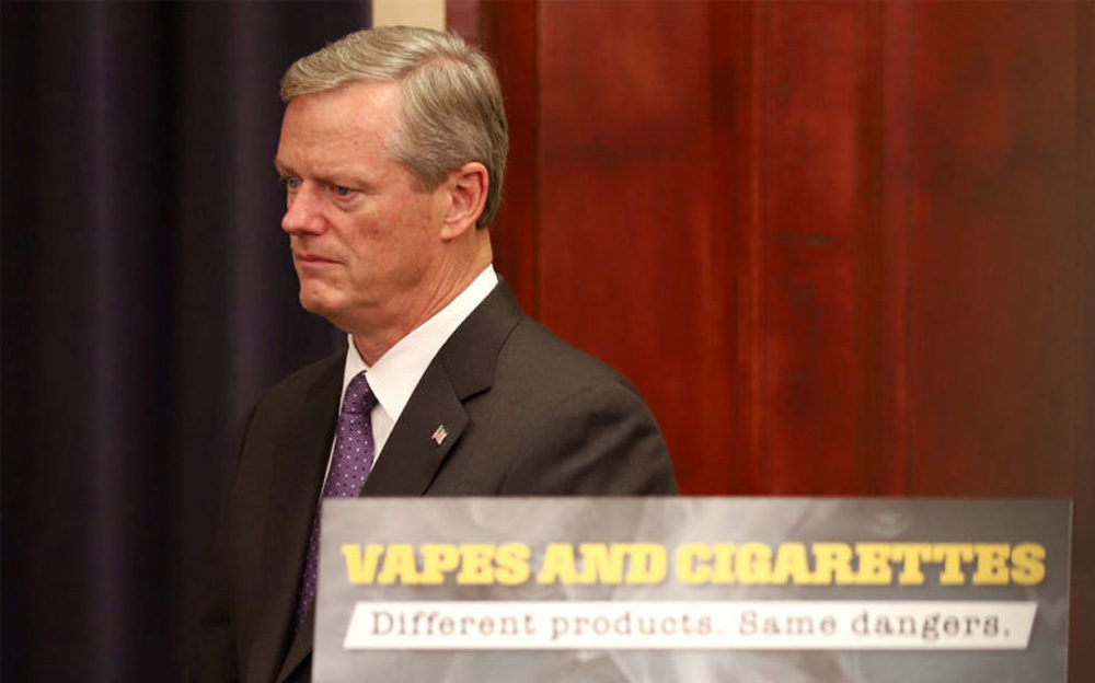 E-cigarette usage is exploding and it's clear there's a very real danger to the population,&quot; Gov. Charlie Baker said at a Tuesday news conference where he declared vaping-related lung illnesses a public health emergency in the state. (Sam Doran/SHNS)