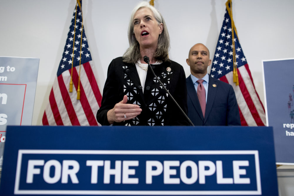 Democratic Caucus Vice Chairman Rep. Katherine Clark, D-Mass., center, speaks at a news conference July 10, 2019. (Andrew Harnik/AP)