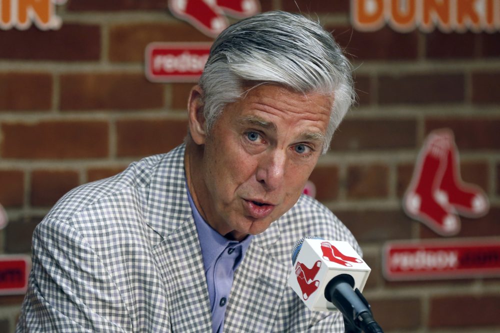 Boston Red Sox President of Baseball Operations Dave Dombrowski speaks during a news conference before a baseball game against the Los Angeles Dodgers in Boston, July 13, 2019. (Michael Dwyer/AP)