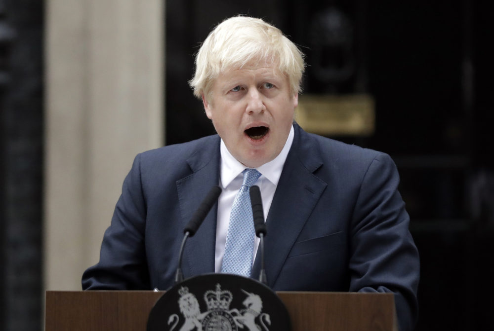 Britain's Prime Minister Boris Johnson speaks to the media outside 10 Downing Street in London, Monday, Sept. 2, 2019. Johnson says he doesn't want an election amid Brexit crisis and issued a rallying cry to lawmakers to back him in securing Brexit deal. (Matt Dunham/AP)