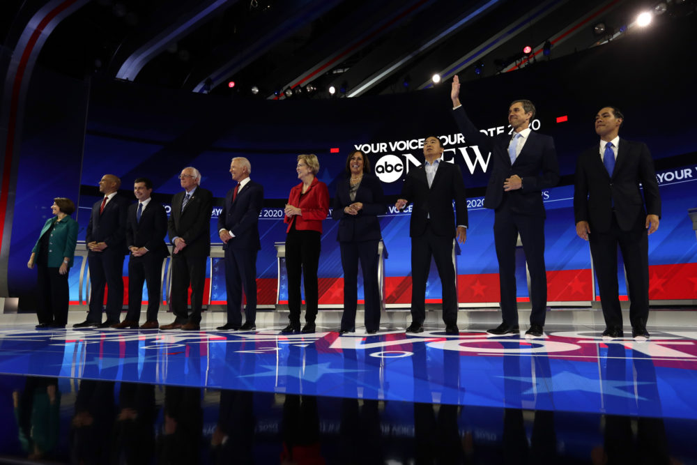Democratic presidential candidates are introduced for the Democratic presidential primary debate hosted by ABC on the campus of Texas Southern University Thursday, Sept. 12, 2019, in Houston. (Eric Gay/AP)