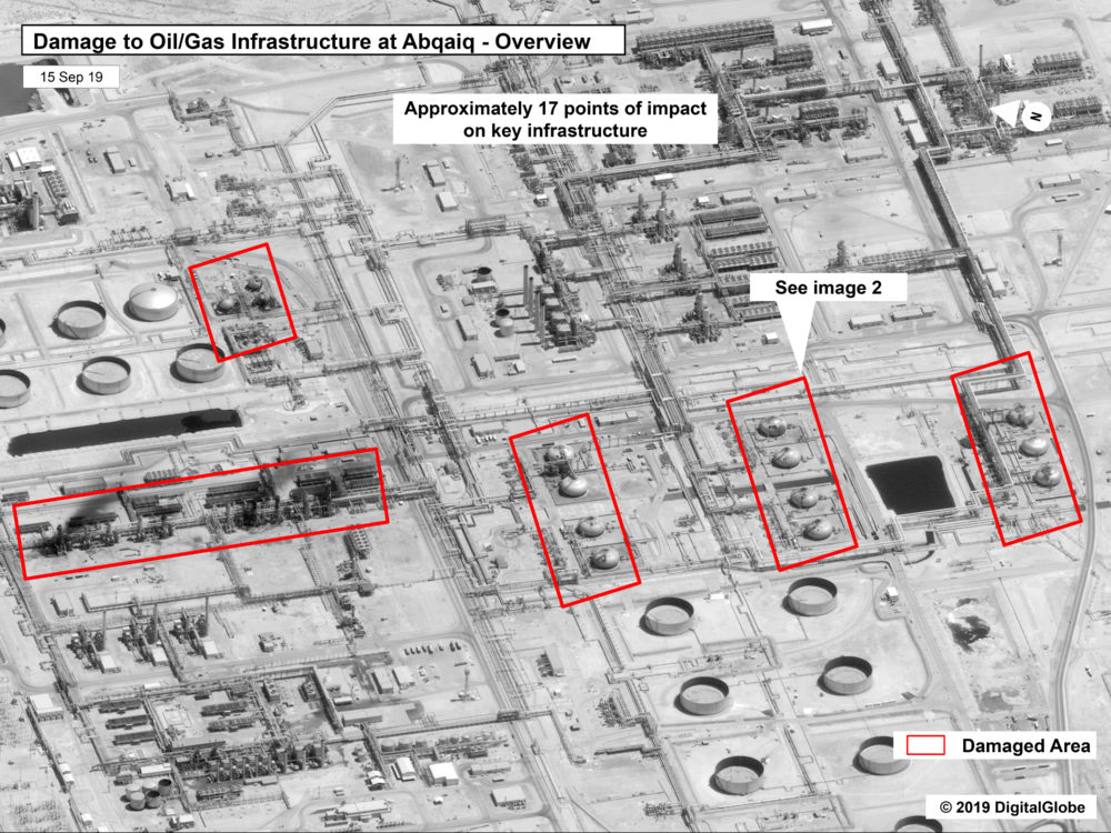 This image provided on Sunday, Sept. 15, 2019, by the U.S. government and DigitalGlobe and annotated by the source, shows damage to the infrastructure at Saudi Aramco's Abaqaiq oil processing facility in Buqyaq, Saudi Arabia. (U.S. government/Digital Globe via AP)