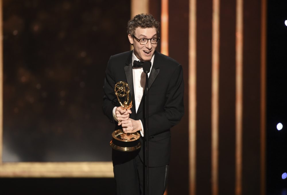 Nicholas Britell accepts the award for outstanding original main title theme music for &quot;Succession&quot; on night two of the Television Academy's 2019 Creative Arts Emmy Awards on Sunday at the Microsoft Theater in Los Angeles. (Phil McCarten/Invision for the Television Academy/AP)