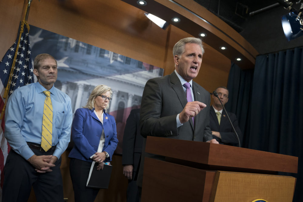 House Republican Leader Kevin McCarthy, D-Calif., joined from left by, Rep. Jim Jordan, R-Ohio, a member of the House Judiciary Committee, Republican Conference chair Rep. Liz Cheney, R-Wyo., and Rep. Doug Collins, R-Georgia, the top Republican on the House Judiciary Committee, criticizes House Speaker Nancy Pelosi, D-Calif., and the Democrats for launching a formal impeachment inquiry against President Donald Trump, at the Capitol in Washington, Wednesday, Sept. 25, 2019. (J. Scott Applewhite/AP)