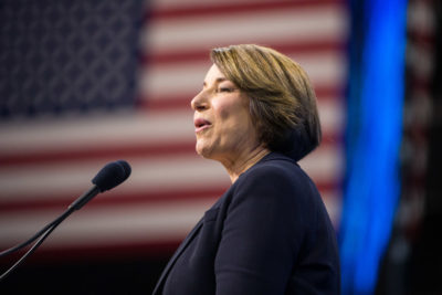 Sen. Amy Klobuchar speaks during the New Hampshire Democratic Party Convention at the SNHU Arena in Manchester, New Hampshire. (Scott Eisen/Getty Images)