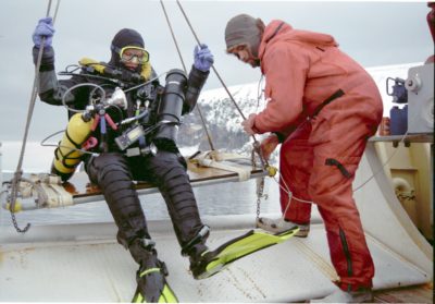 Jill Heinerth and her team decided they would become the first-ever to cave dive inside an iceberg after B-15 , an iceberg 'the size of Jamaica', broke away from Antarctica. (Courtesy Jill Heinerth)