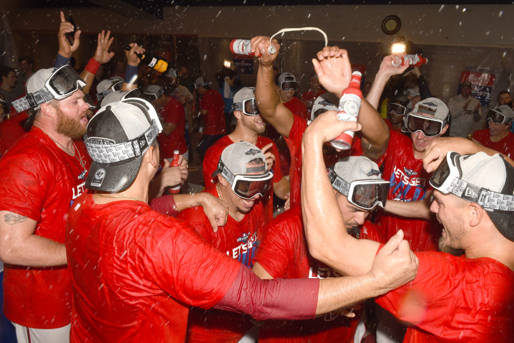The Washington Nationals celebrate clinching a spot in the 2019 playoffs. (Mitchell Layton/Getty Images)