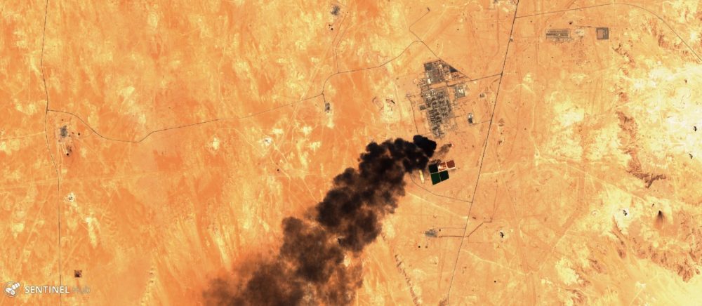Emerging flaring of gas at the Shedgum Gas Plant, Saudi Arabia, captured by the Sentinel-2 satellite in September 2019. (Photo credit: European Space Agency)
