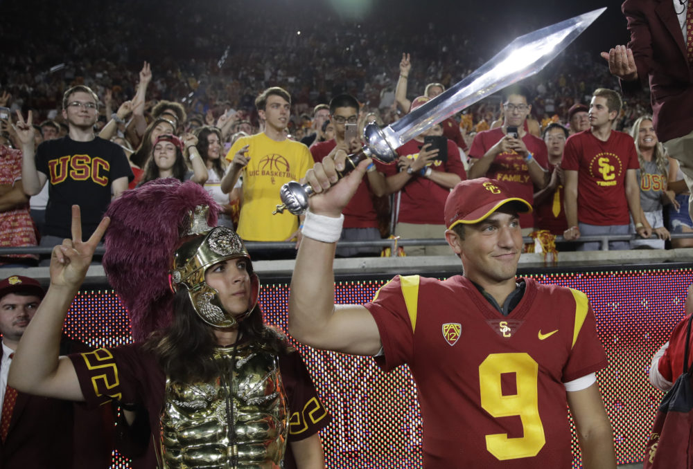 Southern California quarterback Kedon Slovis celebrates after a recent win over Stanford. (Marcio Jose Sanchez/AP)