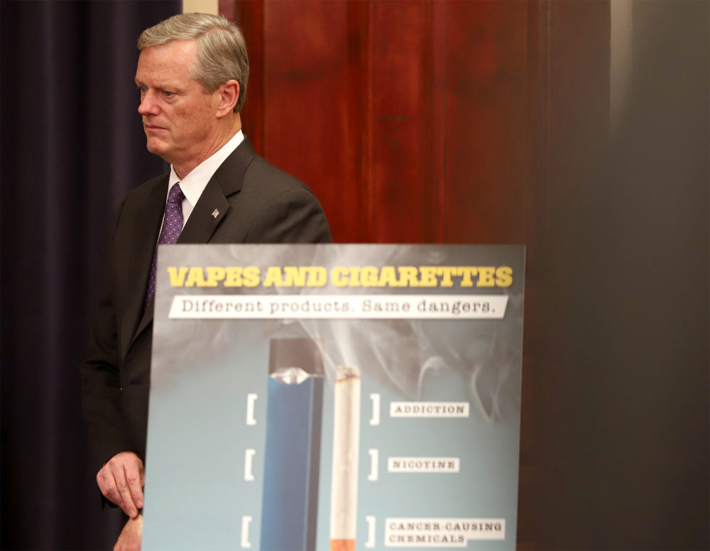 &quot;E-cigarette usage is exploding and it's clear there's a very real danger to the population,&quot; Gov. Charlie Baker said at a Tuesday news conference where he declared vaping-related lung illnesses a public health emergency in the state. (Sam Doran/SHNS)