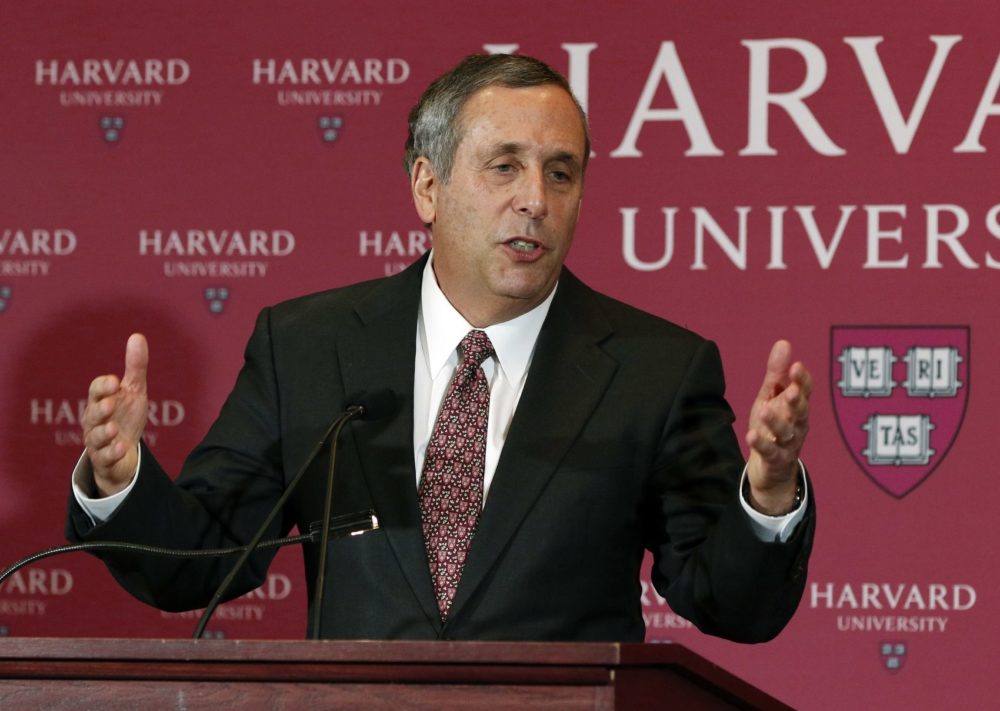 Lawrence Bacow speaks after being introduced as the 29th president of Harvard University in 2018. (Bill Sikes/AP)