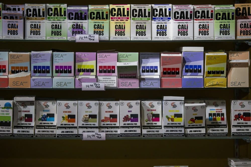 Vaping products, like these that were on display at Liquid Smoke Shop in Allston in September, were temporarily banned by the state. (Jesse Costa/WBUR)