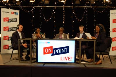 On Point host Meghna Chakrabarti (right) with South Carolina Public Radio roundtable panelists. From left to right: Matt Moore, Rev. Tiffany Knowlin Boykin, Rep. Gilda Cobb-Hunter and Gavin Jackson. (Gaines Halford/SCETV)