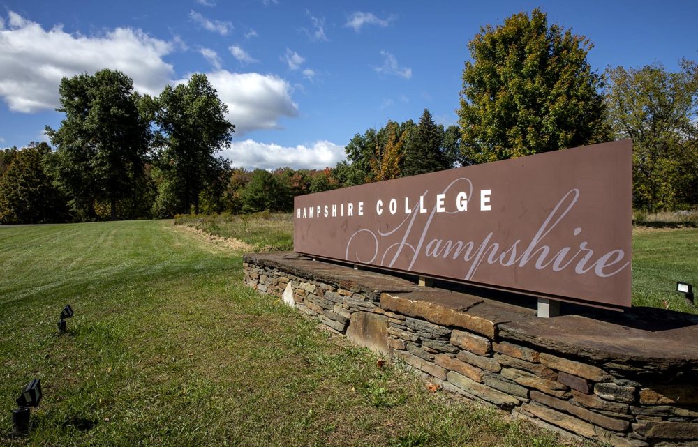 The Hampshire College sign at the entrance to the campus. (Robin Lubbock/WBUR)