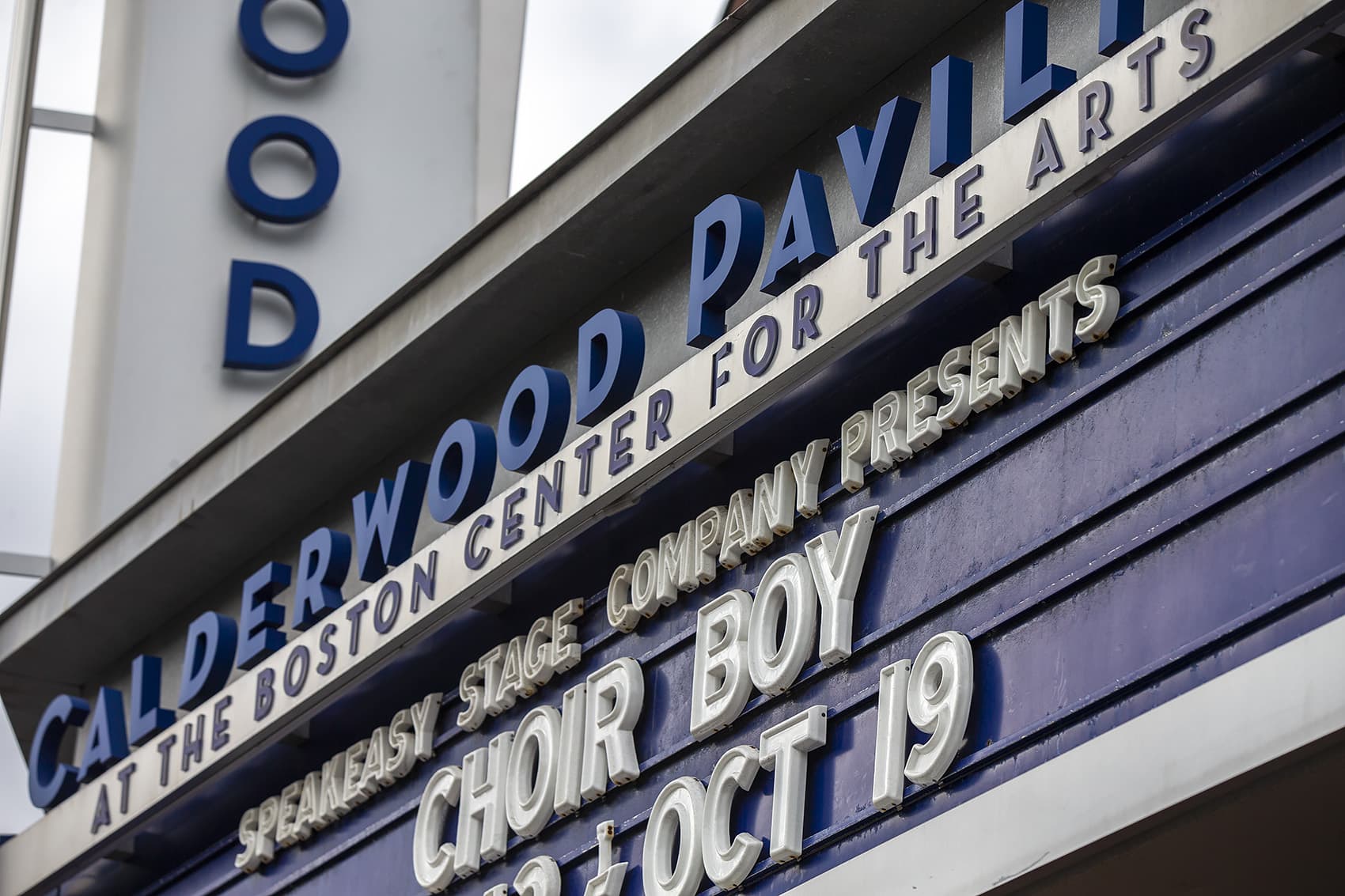 The marquee of the Calderwood Pavilion at the Boston Center for the Arts in the South End. (Jesse Costa/WBUR)