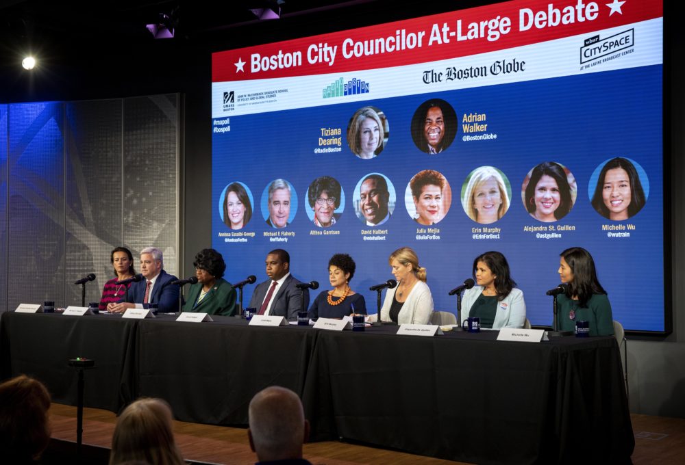 All eight candidates for the four at-large seats on the Boston City Council participate in a debate on WBUR’s &quot;Radio Boston.&quot; (Robin Lubbock/WBUR)