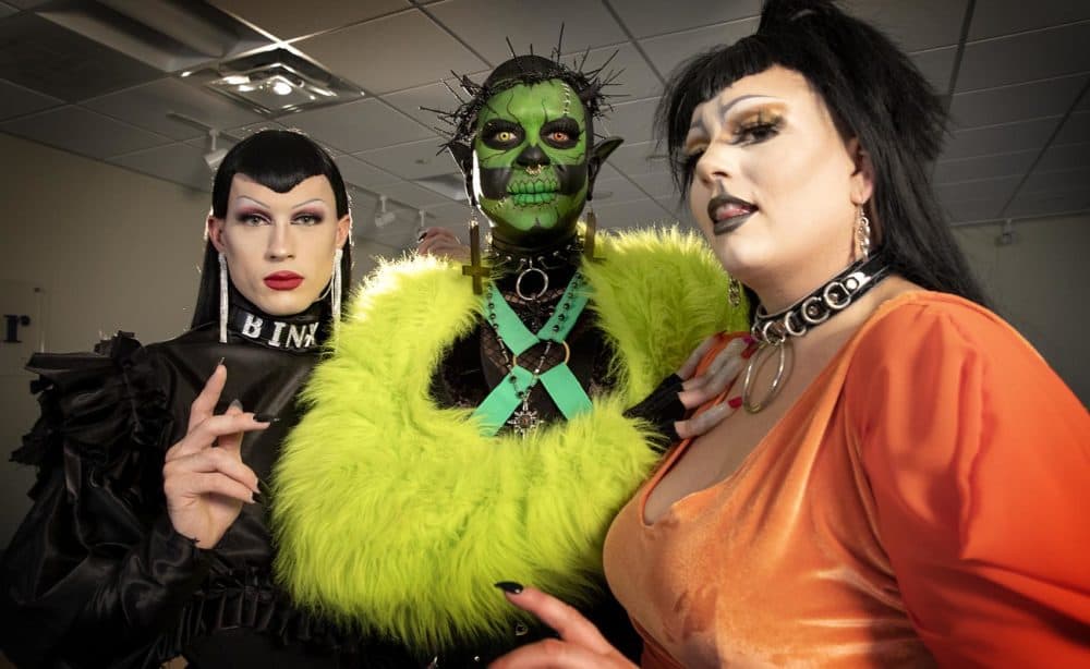 Binx, Severity Stone, and Kirbie Fully Loaded are Boston-based drag performers. (Robin Lubbock/WBUR)